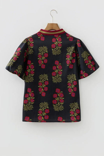 Floral Contrast V - Neck Short Bubble Sleeve Blouse - Bitsy Gypsy Boutique
