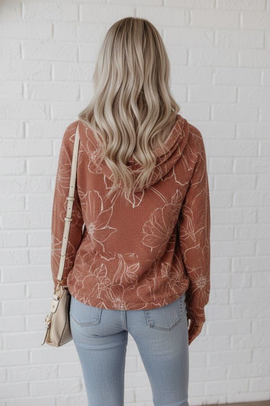 Floral Corded Knit Kangaroo Pocket Hoodie - Bitsy Gypsy Boutique