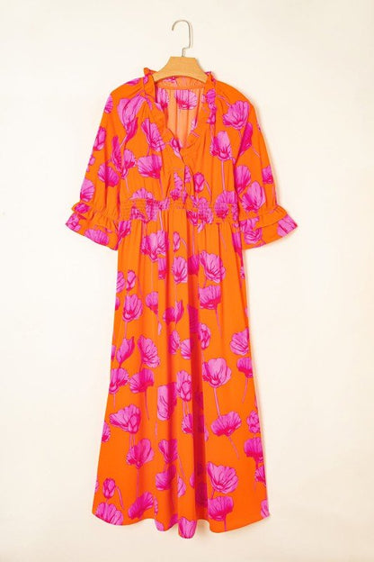 Floral Frilly Smocked V - Neck Maxi Dress - Bitsy Gypsy Boutique