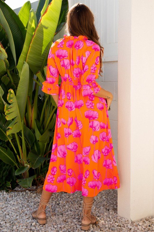 Floral Frilly Smocked V - Neck Maxi Dress - Bitsy Gypsy Boutique