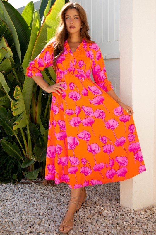 Floral Frilly Smocked V - Neck Maxi Dress - Bitsy Gypsy Boutique