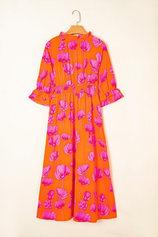 Floral Frilly Smocked V - Neck Maxi Dress - Bitsy Gypsy Boutique