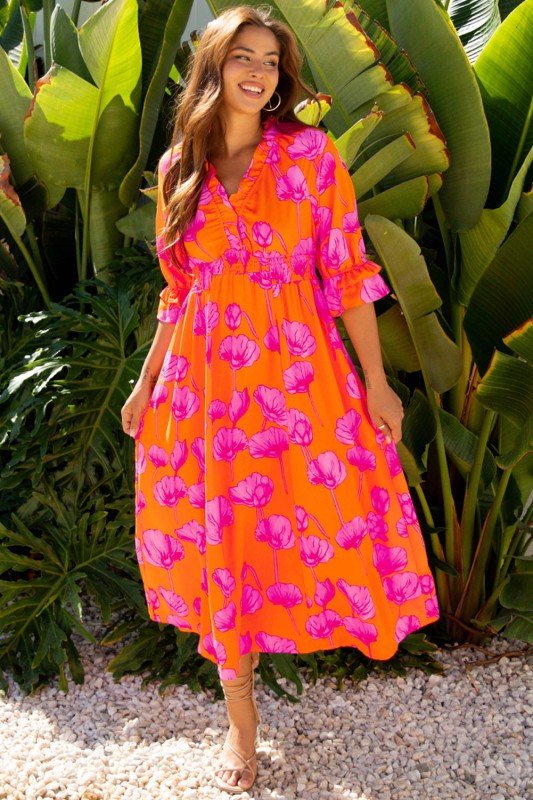 Floral Frilly Smocked V - Neck Maxi Dress - Bitsy Gypsy Boutique