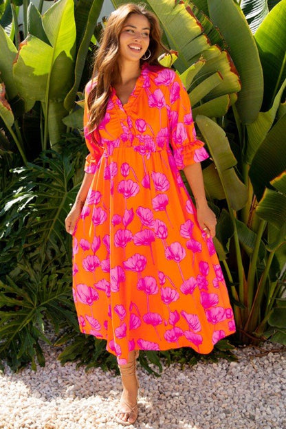 Floral Frilly Smocked V - Neck Maxi Dress - Bitsy Gypsy Boutique