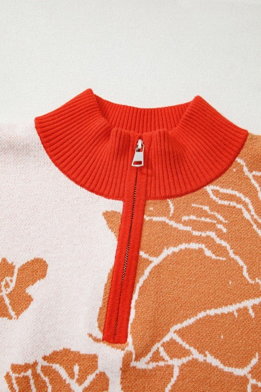 Floral Half Zip Collared Pullover Sweater - Bitsy Gypsy Boutique