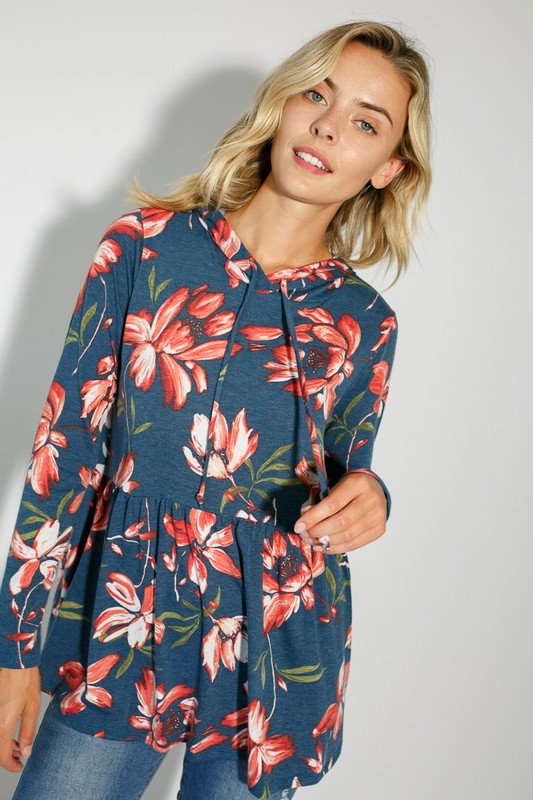 FLORAL JERSEY BABYDOLL WITH HOODIE CASUAL TOP - Bitsy Gypsy Boutique