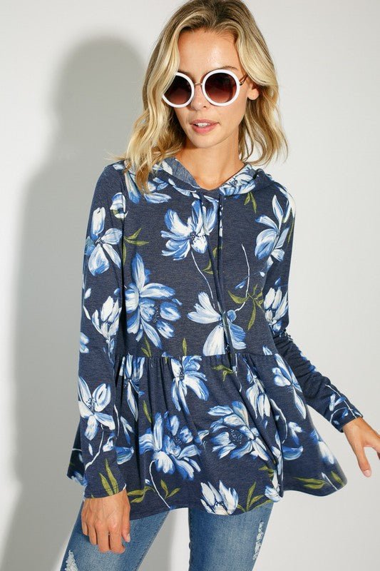 FLORAL JERSEY BABYDOLL WITH HOODIE CASUAL TOP - Bitsy Gypsy Boutique