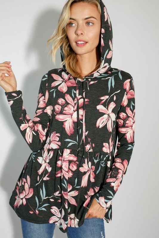 FLORAL JERSEY BABYDOLL WITH HOODIE CASUAL TOP - Bitsy Gypsy Boutique