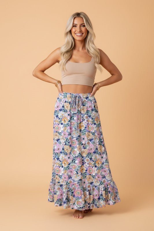 Floral Lace Up High Waist Ruffle Maxi Skirt - Bitsy Gypsy Boutique
