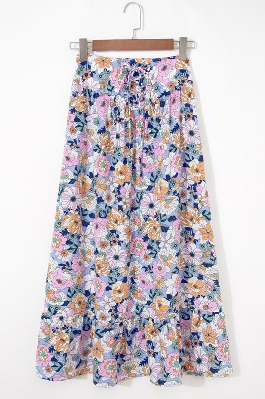 Floral Lace Up High Waist Ruffle Maxi Skirt - Bitsy Gypsy Boutique