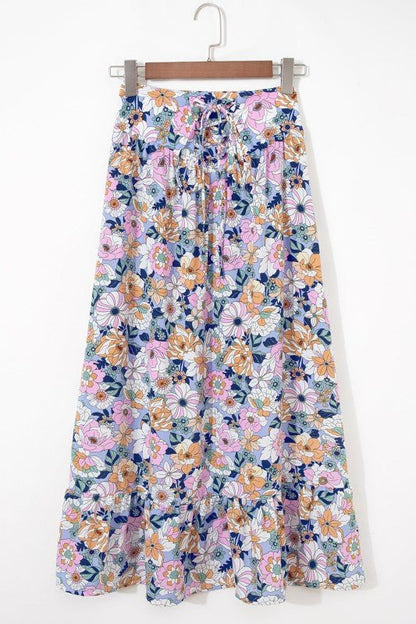 Floral Lace Up High Waist Ruffle Maxi Skirt - Bitsy Gypsy Boutique