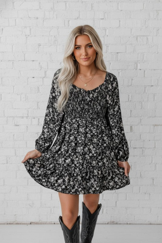 Floral Long Sleeve Frill Square Neck Dress - Bitsy Gypsy Boutique