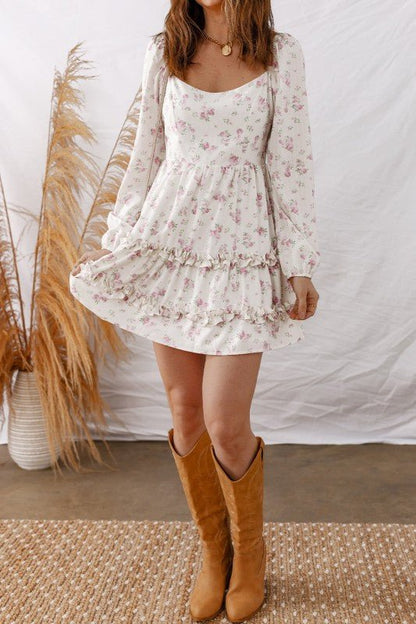 Floral Long Sleeve Ruffle Flared Mini Dress - Bitsy Gypsy Boutique