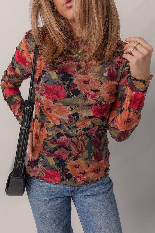 Floral Mesh Lettuce Trim Long Sleeve Top - Bitsy Gypsy Boutique