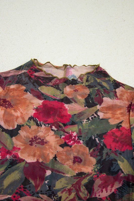 Floral Mesh Lettuce Trim Long Sleeve Top - Bitsy Gypsy Boutique