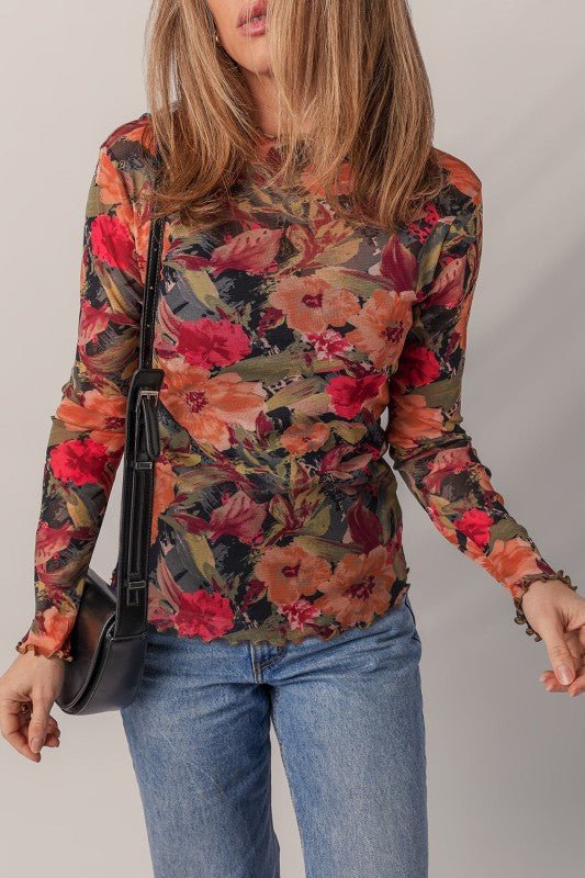 Floral Mesh Lettuce Trim Long Sleeve Top - Bitsy Gypsy Boutique