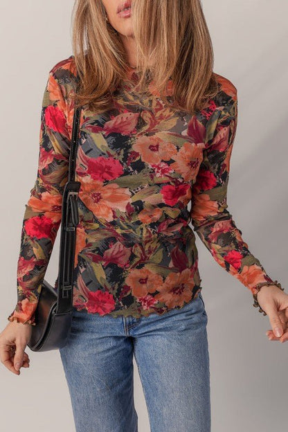 Floral Mesh Lettuce Trim Long Sleeve Top - Bitsy Gypsy Boutique