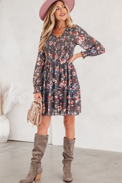 Floral Mesh Long Sleeve Mini Dress - Bitsy Gypsy Boutique