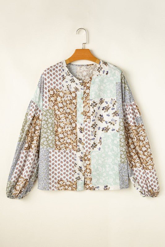 Floral Patchwork Long Puff Sleeve Shirt - Bitsy Gypsy Boutique