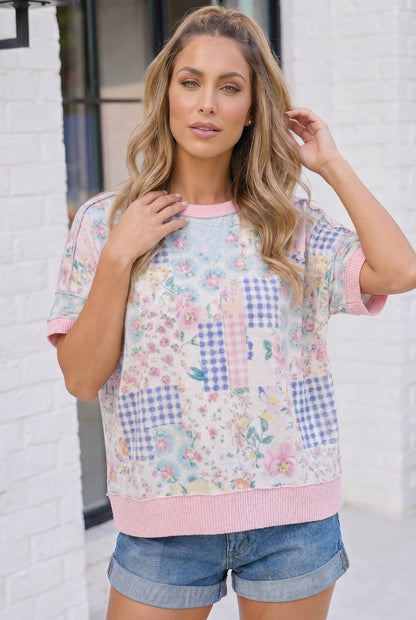 Floral Patchwork Short Sleeve Sweatshirt Top - Bitsy Gypsy Boutique