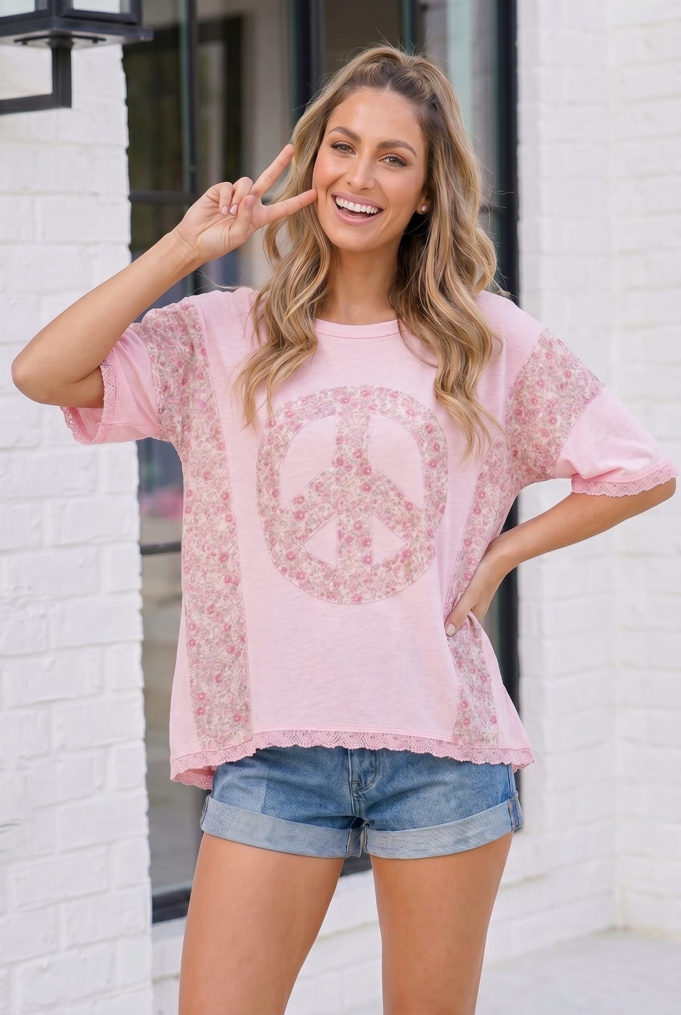 Floral Peace Sign Lace Trim Oversized Tee - Bitsy Gypsy Boutique