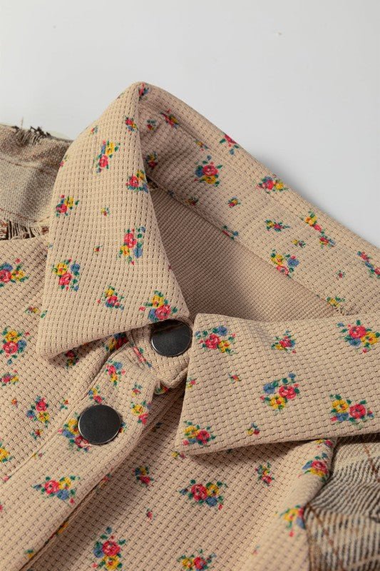 Floral Plaid Patchwork Ruffle Waffle Knit Shacket - Bitsy Gypsy Boutique