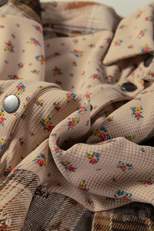 Floral Plaid Patchwork Ruffle Waffle Knit Shacket - Bitsy Gypsy Boutique