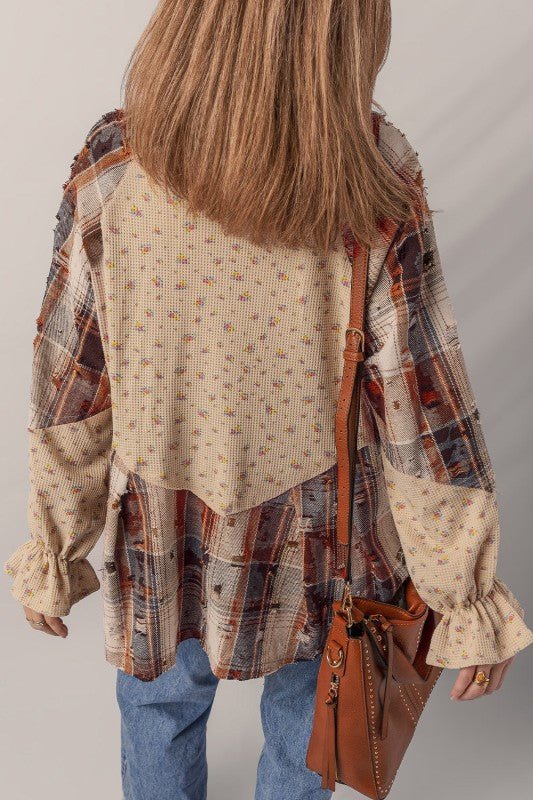 Floral Plaid Patchwork Ruffle Waffle Knit Shacket - Bitsy Gypsy Boutique