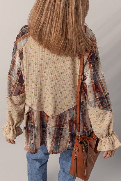 Floral Plaid Patchwork Ruffle Waffle Knit Shacket - Bitsy Gypsy Boutique