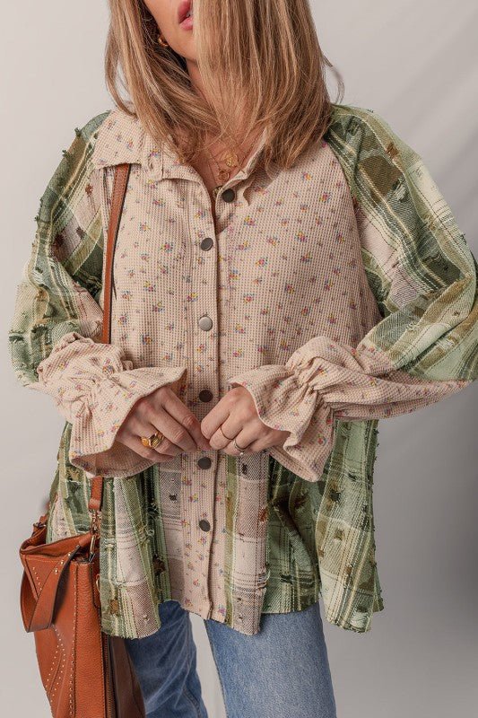 Floral Plaid Patchwork Ruffle Waffle Knit Shacket - Bitsy Gypsy Boutique