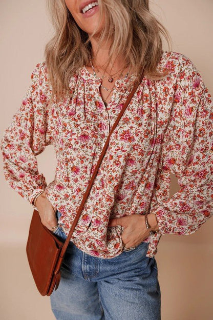 Floral Pleated Notched Neck Puff Sleeve Blouse - Bitsy Gypsy Boutique