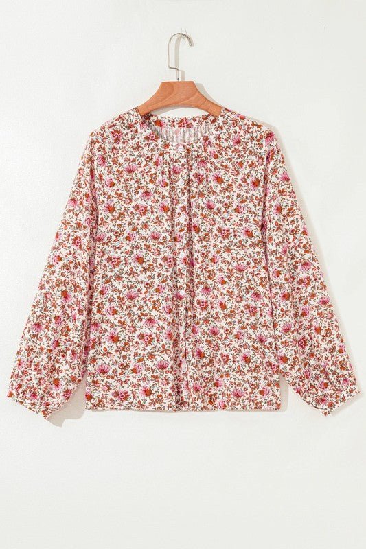 Floral Pleated Notched Neck Puff Sleeve Blouse - Bitsy Gypsy Boutique