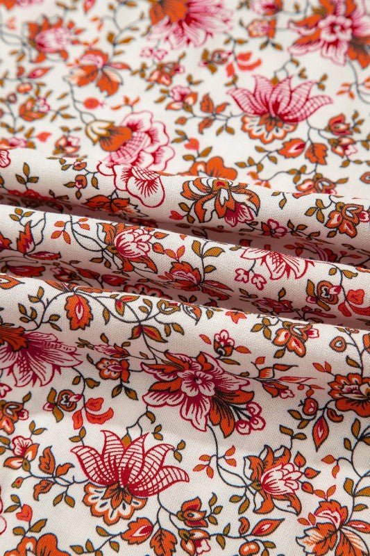 Floral Pleated Notched Neck Puff Sleeve Blouse - Bitsy Gypsy Boutique