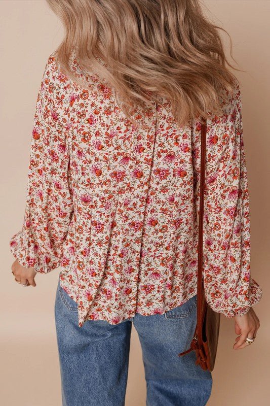 Floral Pleated Notched Neck Puff Sleeve Blouse - Bitsy Gypsy Boutique