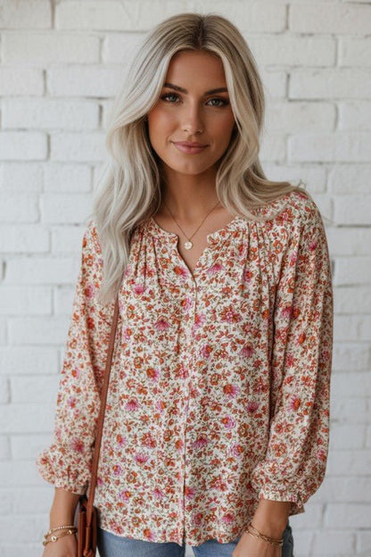 Floral Pleated Notched Neck Puff Sleeve Blouse - Bitsy Gypsy Boutique