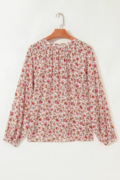 Floral Pleated Notched Neck Puff Sleeve Blouse - Bitsy Gypsy Boutique