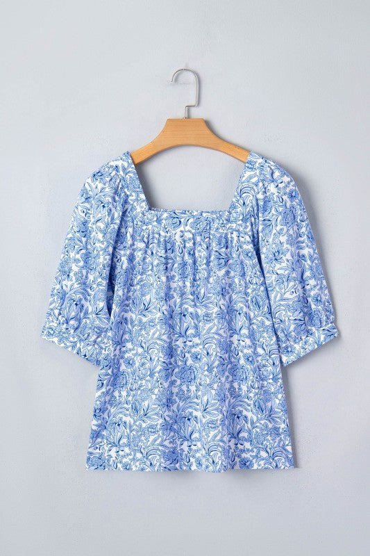 Floral Pleated Square Neck Puff Sleeve Blouse - Bitsy Gypsy Boutique