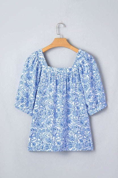 Floral Pleated Square Neck Puff Sleeve Blouse - Bitsy Gypsy Boutique