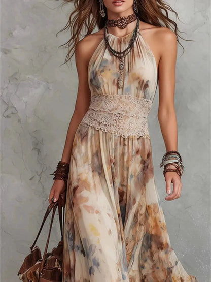 Floral Print Halter Neck Maxi Dress - Bitsy Gypsy Boutique