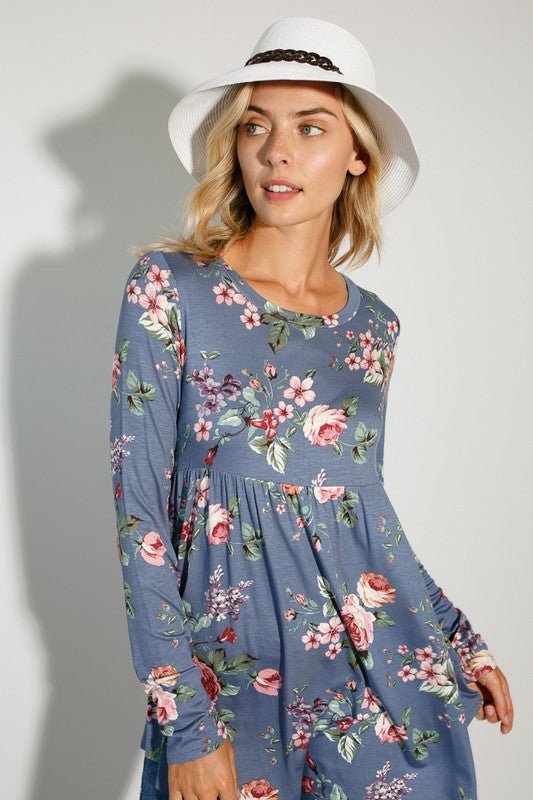 FLORAL PRINT JERSEY BABYDOLL TOP - Bitsy Gypsy Boutique