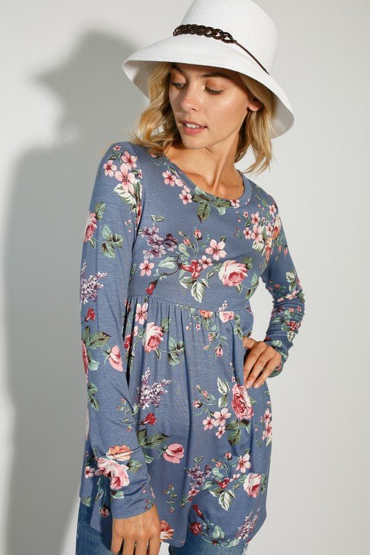 FLORAL PRINT JERSEY BABYDOLL TOP - Bitsy Gypsy Boutique