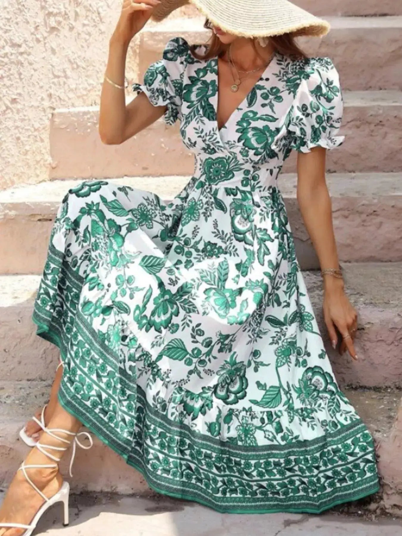 Floral Print Puff Sleeve Wrap Midi Dress - Bitsy Gypsy Boutique