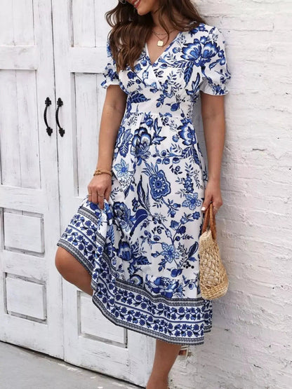 Floral Print Puff Sleeve Wrap Midi Dress - Bitsy Gypsy Boutique