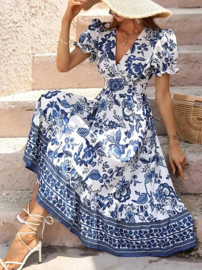 Floral Print Puff Sleeve Wrap Midi Dress - Bitsy Gypsy Boutique