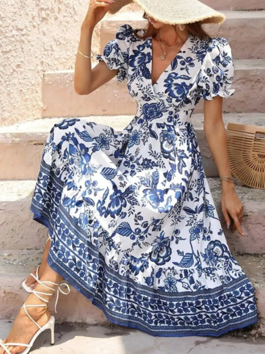 Floral Print Puff Sleeve Wrap Midi Dress - Bitsy Gypsy Boutique