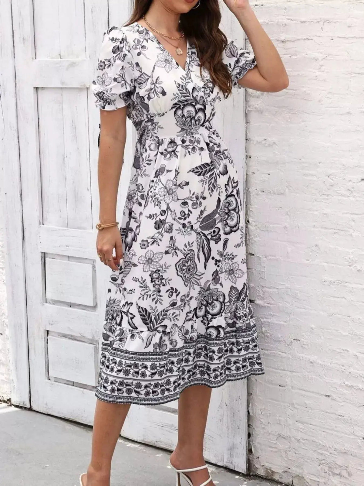 Floral Print Puff Sleeve Wrap Midi Dress - Bitsy Gypsy Boutique
