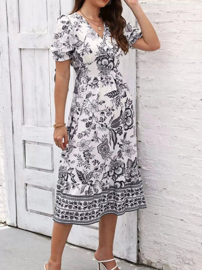 Floral Print Puff Sleeve Wrap Midi Dress - Bitsy Gypsy Boutique