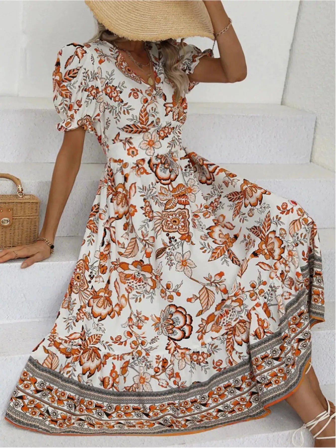 Floral Print Puff Sleeve Wrap Midi Dress - Bitsy Gypsy Boutique