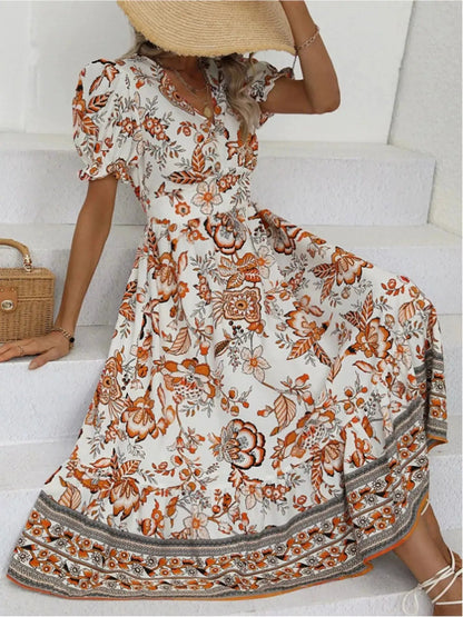 Floral Print Puff Sleeve Wrap Midi Dress - Bitsy Gypsy Boutique