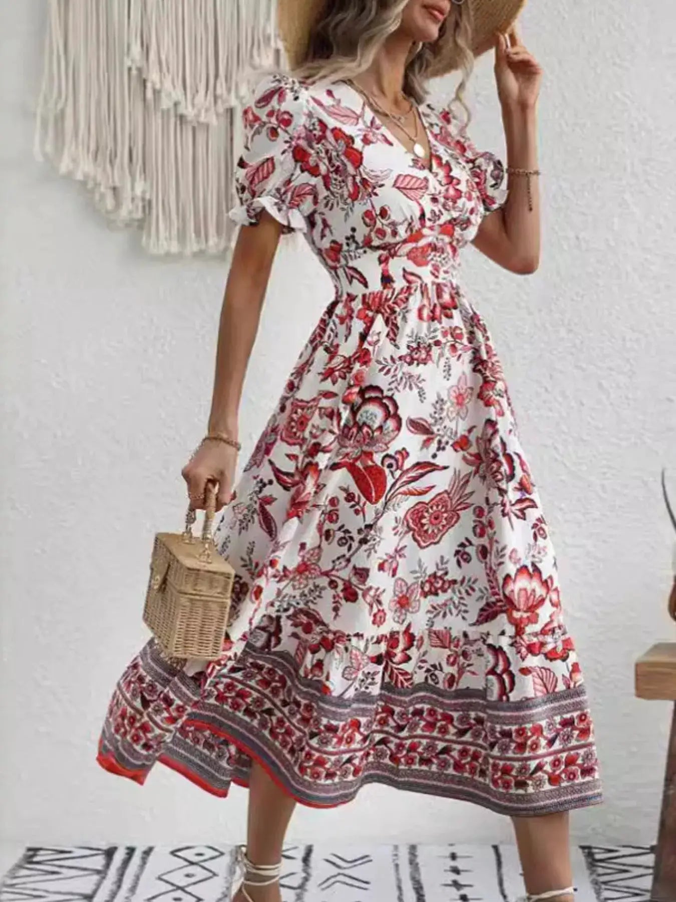 Floral Print Puff Sleeve Wrap Midi Dress - Bitsy Gypsy Boutique